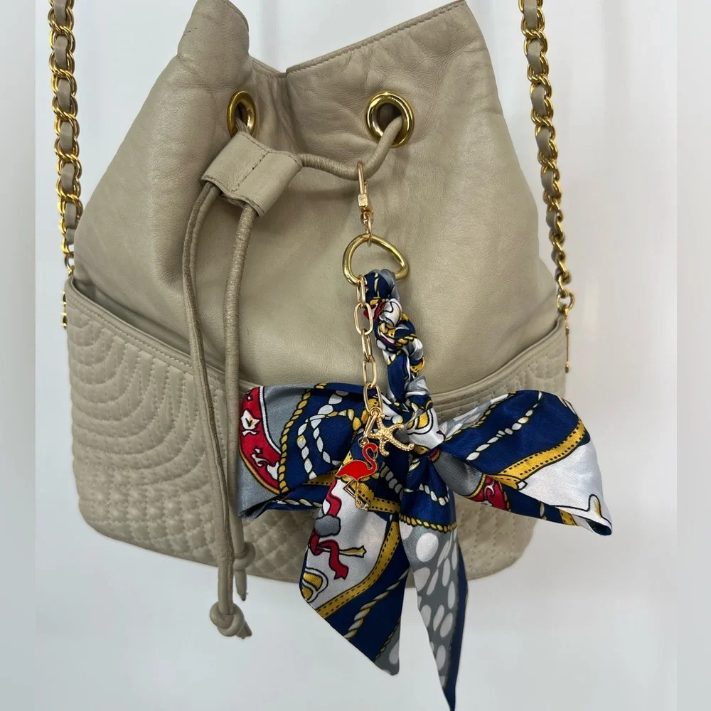 Nautical Polka Dot Bow Keychain Purse Charm with Charms star and flamingo